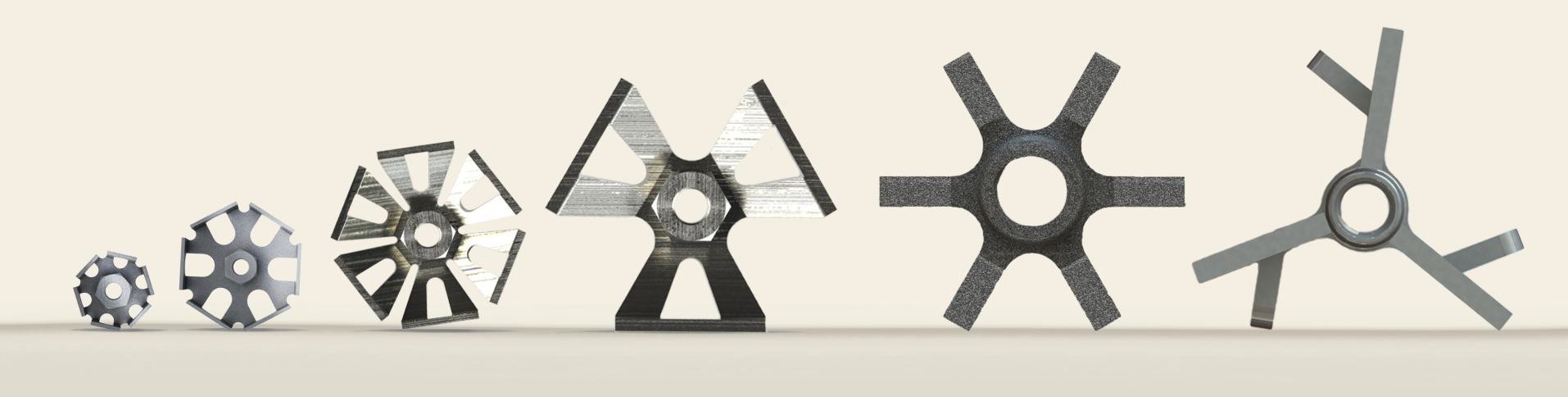 Seis gerações de âncoras refratárias Silicon lado a lado, das primeiras copas à Speed Cell 3G®